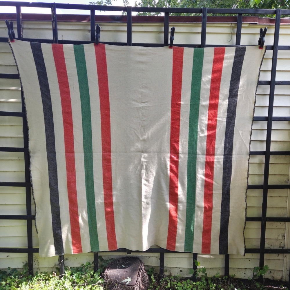 Vintage Hudson Bay Style Wool Blanket Large 78"×86" No Tag 3 Color Striped